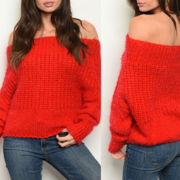 🆕 Red Slouchy Off Shoulder Sweater - Picture 5 of 8